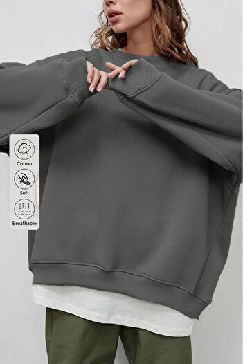 COMBİNE MİCHAİL Winter Soft Loose Sweatshirt - Crew Neck, Raised, Smoked