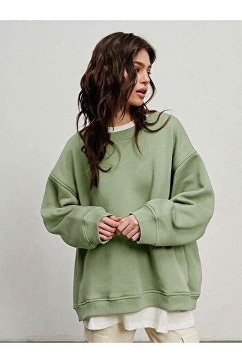 COMBİNE MİCHAİL Winter Soft Women's Sweatshirt - Crew Neck, Hooded Inside Haki