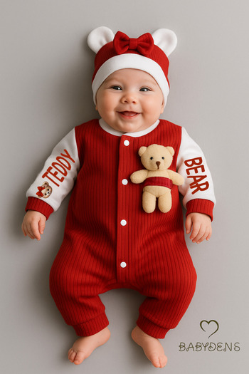 BABYDEN'S Teddy Bear Themed Newborn Ribbed Jumpsuit Set with Teddy Bear Baby Girl Jumpsuit Hat Set 100% Cotton