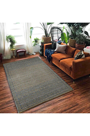 Al Kaffary Carpet Sofa Rug, Checker patterned, Belgian Crafted Jute rug, suitable for all spaces, blue & beige