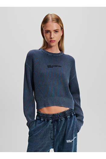 Karl Lagerfeld Jeans Yuvarlak Yaka Regular Fit Baskılı Mavi Kazak Kadın 246J2001