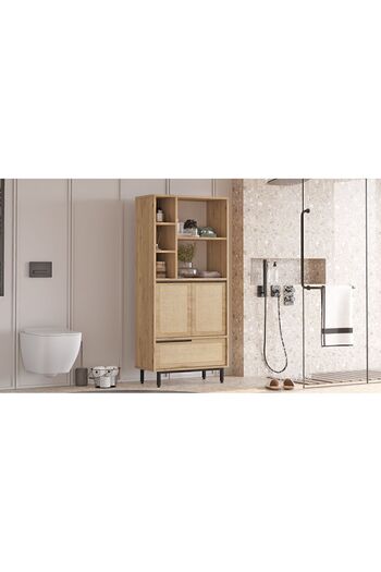 Yurupa Bohem Banyo Dolabı Çok Amaçlı Dolap 3 Kapaklı Metal Ayaklı Uv Baskı Sepet-jüt BOH9C-SU