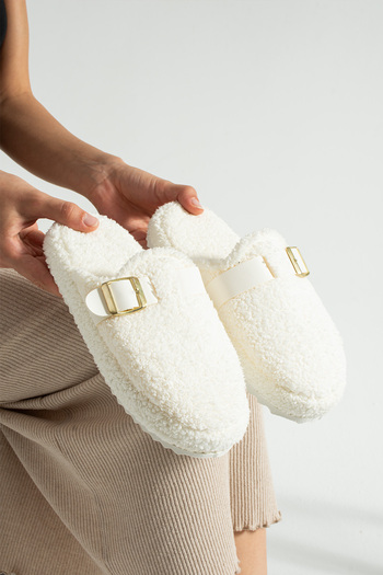 Moda Devrin White Buckle Towel Winter Women's Slippers