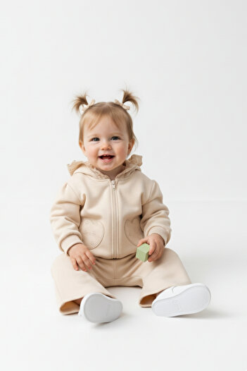 Minipodyum Hooded Heart Detailed Pocket Baby Girl Top and Bottom Set