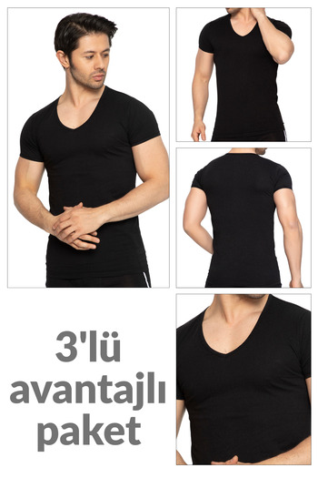 TOLIN 3 Pack 100% Cotton Black Men's Single Jersey V-Neck Undershirt 317