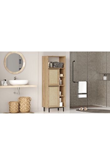 Yurupa Bohem Banyo Dolabı Çok Amaçlı Dolap 2 Kapaklı Metal Ayaklı Uv Baskı Sepet-jüt BOH10C-SU