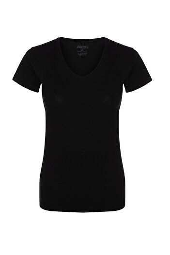 TOLIN Women's Black 2-Piece Short Sleeve Single Jersey Lycra V-Neck Undershirt 3227