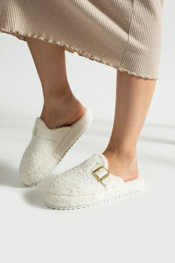 Moda Devrin White Buckle Towel Winter Women's Slippers