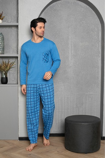 Sude HOMEWEAR Ercan Ανδρικό Ice Blue - Πάνω τσέπη και κάτω καρό Pjm Tkm