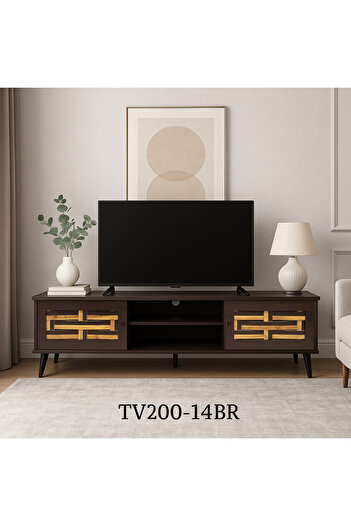 TrentonGCC TV Cabinet 140cm with Storage Shelves, Woven Door Design & Black Legs