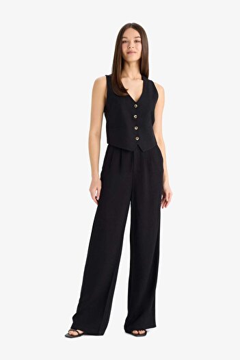 DeFacto Wide Leg Fermuarlı Normal Bel Standart Boy Geniş Paça Keten Karışımlı Palazzo Pantolon E6210AX25SP