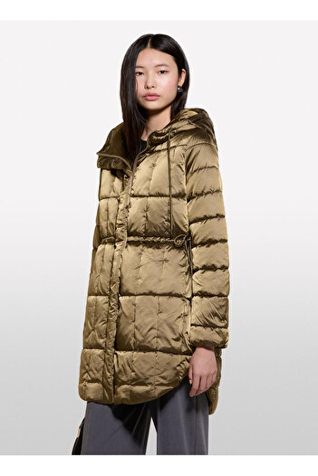 Sisley Women's Khaki Hooded Waist Drawstring Hidden Zipper Closure Coat