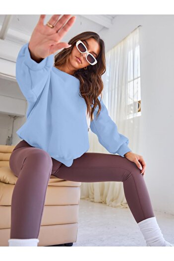 COMBİNE MİCHAİL Hanorac oversize pentru femei Baby Blue, moale, cu guler rotund - Gros înălțat