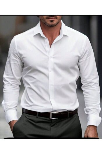 BENESSE Slim Fit Easy-Iron Απλό λευκό πουκάμισο Dacron