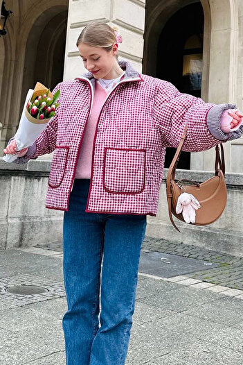 Madmext Red Gingham Women's Coat with Pockets Mg2488