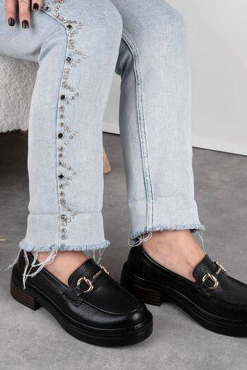 Lal Shoes & Bags Lony Women's Genuine Leather Buckle Detailed Loafer-Black