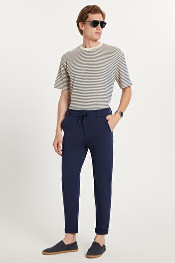Tudors Men's Slim Fit Cotton Tie Waist Side Pockets Folded Leg Jogger Navy Blue Trousers