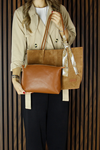 Erkan Saçmacı Tan Genuine Cowhide Suede Magnetic Closure Large Size Daily Shoulder Bag and Handbag with Strap