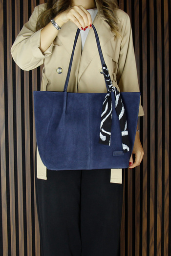 Erkan Saçmacı Navy Blue Genuine Cowhide Suede Magnetic Closure Large Size Daily Shoulder Bag and Handbag with Strap