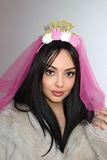 TAKIŞTIR Fuchsia Color Happy Birthday Written Flower Figured Tulle Detailed Crown