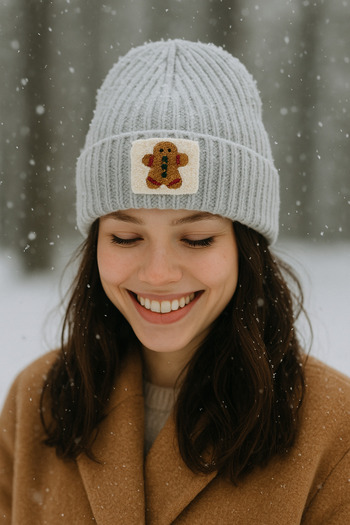 byebruketenci Gray Beret Ginger Bread Cookie Man Punch Patterned Luxury Wool Hat Christmas Gift