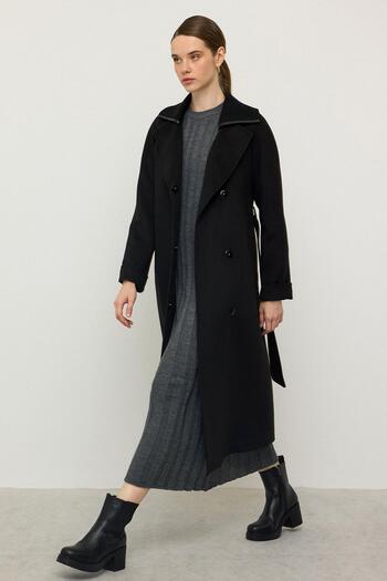 Olcay Knitwear Collared Raglan Sleeve Cashmere Coat Black 3099