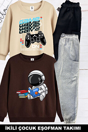 twins tailors Astronaut and Game Controller Printed, Embossed Inside, Pack of 2 Unisex Beige-Brown Children's Tracksuit Set