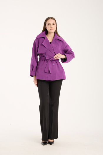 MODAMERSİ Women's Purple Aller Detailed Lined Short Trench Coat