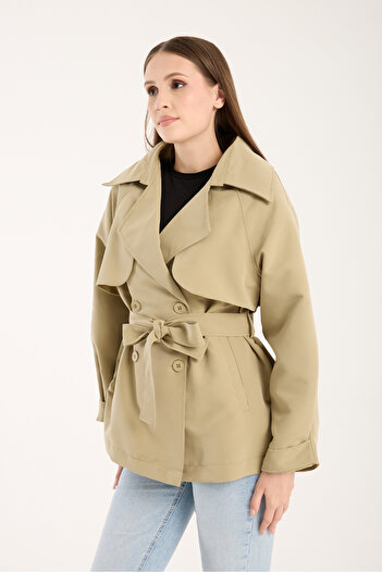 LE CARAMBOLE Women's Khaki Aller Detailed Lined Short Trench Coat