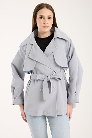 MODAMERSİ Women's Ice Blue Aller Detailed Lined Short Trench Coat