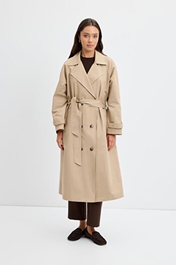 KADRİYE BAŞTÜRK Double-Breasted Collar Lined Long Trench Coat Stone