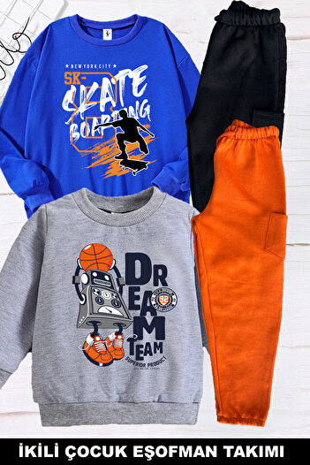 twins tailors Basketball Playing Robot Printed Inner Lined 2-Piece Pack Unisex Grey-Sax Blue Children's Tracksuit Set