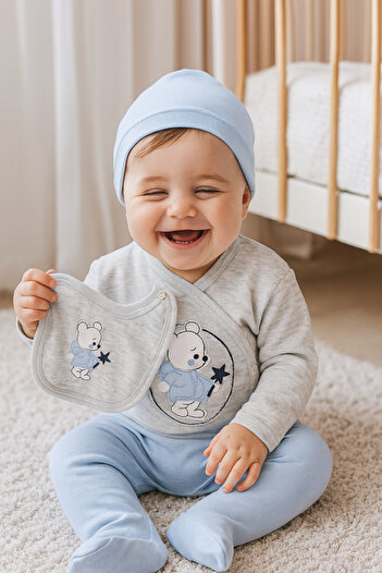BYS BABY FASHION %100 Pamuklu Yenidoğan Erkek Bebek 5 Parça Hastane Çıkışı Zıbın Seti Kutulu