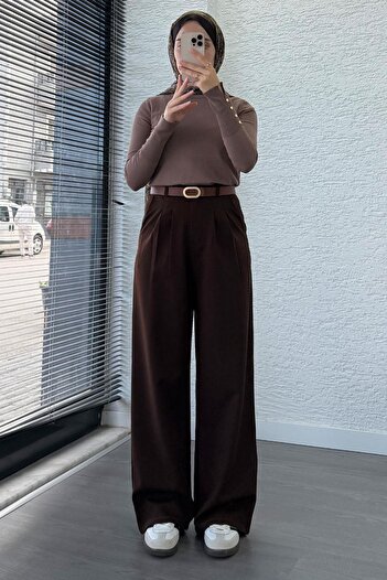 MELEK ARAZ Front Pleated Detail Palazzo Women's Trousers - Brown