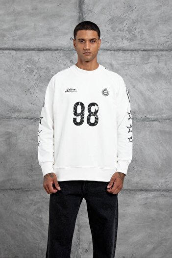 NOMARC White 98 Printed Striped Design Oversize Sweatshirt