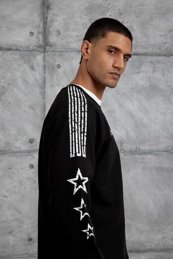 NOMARC Black 98 Printed Striped Design Oversize Sweatshirt