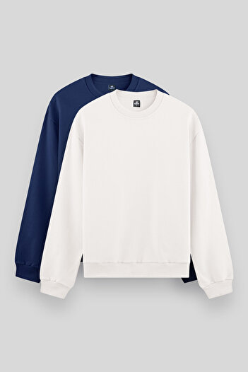 TOMMY LIFE Standard Fit Basic O Neck 2-Pack Ecru-Parlament Men's Sweatshirt - 88053