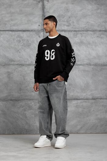 NOMARC Black 98 Printed Striped Design Oversize Sweatshirt