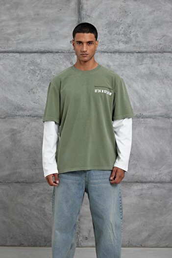 NOMARC Khaki Oversized Sweatshirt with Pocket Detail and Partial Sleeve Design