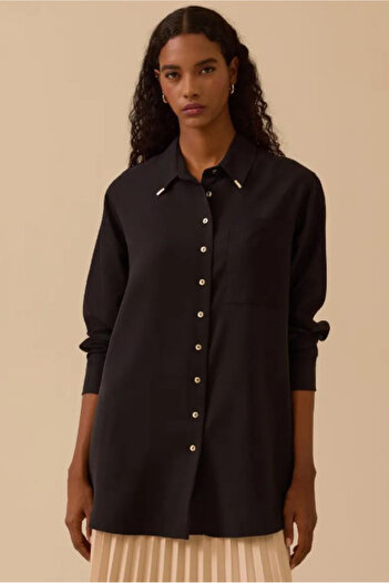 SEÇİL Women's Suede Pocket Detailed Buttoned Shirt - Black