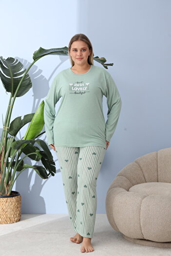 lindros Big size green women's pajamas, Just Lovely print, 100% cotton
