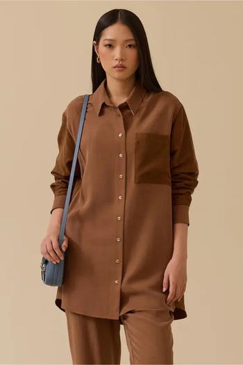 SEÇİL Women's Suede Pocket Detailed Buttoned Shirt - Brown