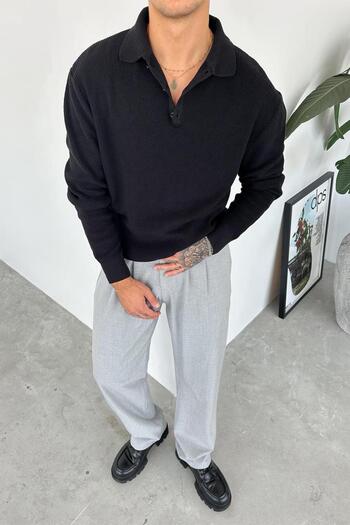 HAFKAGİYİM Black Basic Ribbed Buttoned Collar Relaxed Sweater