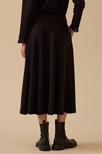 SEÇİL Women's Elastic Waist Flared Skirt with Pockets - Black
