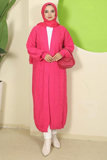 hafsamina Cherry Patterned Long Knitwear Cardigan Fuchsia Hm2334