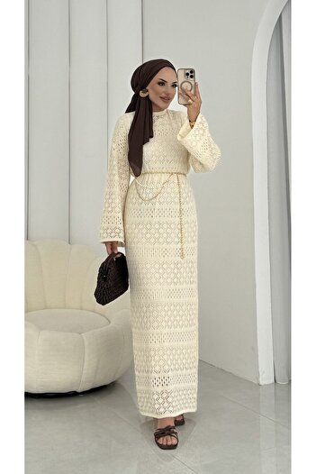 MissPul Women's Lined Mesh Belt Detailed Long Mesh Tulle Dress Is Not Chainless.