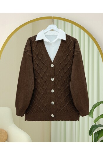 Modamorfo V-Neck Large Button Patterned Knit Cardigan - Brown