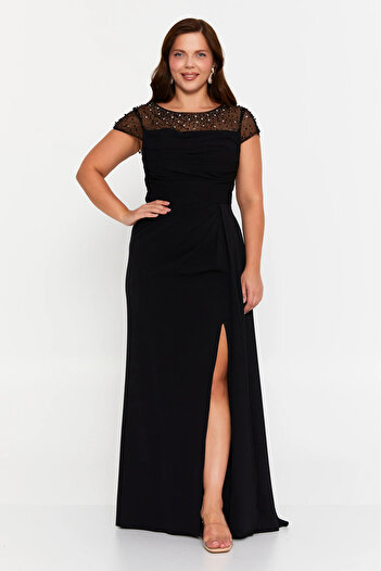 DORİDORCA Women's Plus Size Stone Embellished Deep Slit Maxi Evening Dress 7048 Black