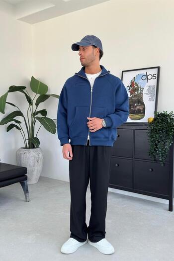 HAFKAGİYİM Μπλουζάκι Navy Blue Cozy Basic με διπλό φερμουάρ Oversize