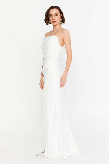 DORİDORCA Women's Strapless Draped Satin Maxi Evening Dress 7051 White